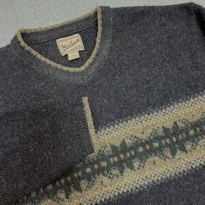 Woolrich Vintage Wool Fair Isle Sweater‎ Mens Large V Neck Made USA